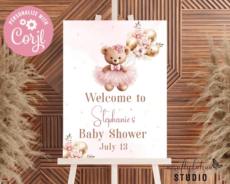 Teddy Bear Baby Shower Welcome Sign, Pink and Gold Balloons, Editable Template (Corjl image 1
