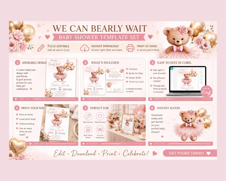 Peut inclure: Un ensemble de mod&egrave;les pour f&ecirc;te pr&eacute;natale avec un ours en peluche portant un tutu rose, orn&eacute; de fleurs roses et de ballons dor&eacute;s. Le texte indique WE CAN BEARLY WAIT, BABY SHOWER TEMPLATE SET, avec des instructions pour la modification.