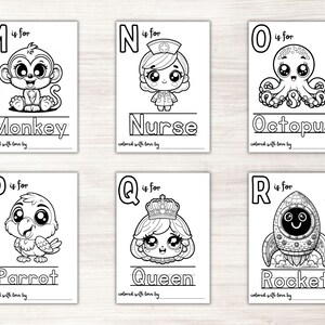 May include: Black and white printable coloring pages featuring the alphabet from M to R with cute illustrations of a monkey, nurse, octopus, parrot, queen, and rocket. Each page includes the letter, the word, and the phrase "colored with love by".