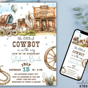 Editable Cowboy Baby Shower Invitation, Wild West Theme, Rustic Western Theme, Digital Download, Rodeo Baby Shower, Boy Baby, Little Cowboy