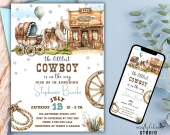 May include: A baby shower invitation with a watercolor illustration of a baby carriage, a horse, and a western-style building. The text reads "The littlest Cowboy is on the way" and includes the name "Stephanie Brooks" and the date "July 13".