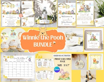 Winnie The Pooh Baby Shower Bundle, Classic Winnie the Pooh Baby Shower, Editable Invitation Template, Gender Neutral, Games Bundle