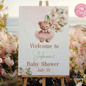 Bearbeitbar Wir können Bärenbär-Ballon-Babyparty-Willkommensschild warten, Babyparty-Plakat, Mädchen-Bär-Babyparty-Dekor, großes Willkommensschild