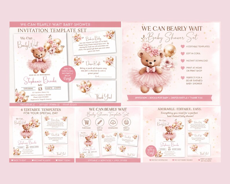 Peut inclure: Un ensemble de mod&egrave;les d'invitation pour f&ecirc;te pr&eacute;natale avec un ours en peluche portant un tutu rose et des fleurs. L'ensemble comprend une invitation, une carte pour livres, une carte de tombola et une carte de remerciement avec le texte We Can Bearly Wait.