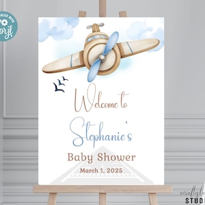 Placa de boas-vindas para chá de bebê de avião, decoração de viagem vintage, modelo editável, download instantâneo, decoração para chá de bebê de menino, placa de boas-vindas grande