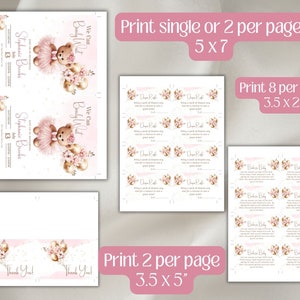 Peut inclure: Un ensemble imprimable num&eacute;rique comprenant une invitation de f&ecirc;te pr&eacute;natale avec un ours en peluche en tutu rose, des billets de tombola pour couches et des cartes de remerciement. Le texte inclut "We Can Bearly Wait". Dimensions : 12,7x17,8 cm.