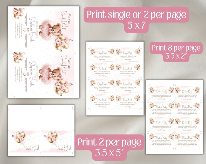 Peut inclure: Un ensemble imprimable num&eacute;rique comprenant une invitation de f&ecirc;te pr&eacute;natale avec un ours en peluche en tutu rose, des billets de tombola pour couches et des cartes de remerciement. Le texte inclut "We Can Bearly Wait". Dimensions : 12,7x17,8 cm.