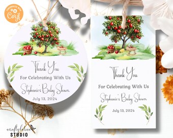 Etiquetas personalizadas para recuerdos de baby shower con diseño de árbol de manzana, agradecimiento y diseño de árbol de manzana.