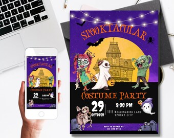 Halloween-uitnodiging spookhuis voor kostuumfeest - bewerkbaar