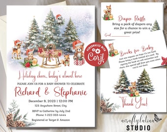 May include: A winter-themed baby shower invitation with a woodland animal design. The invitation features a red and white sleigh, a red and white owl, a red and white bear, and a red and white deer. The text on the invitation reads "Holiday cheer, baby's almost here" and "Richard & Stephanie".