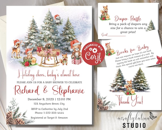 Winter Holiday Baby Shower Invitation, Christmas Animals, Customizable Invite, Diaper Raffle, Books for Baby