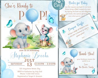 May include: A baby shower invitation set with a watercolor design. The main invitation features an elephant holding a blue balloon and the text "She's Ready to POP!". Additional cards include "Books for Baby", "Diaper Raffle", and "Thank You!".