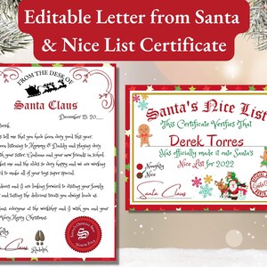 Carta imprimible de Papá Noel, certificación de lista de buenos, carta personalizada de Papá Noel, carta editable de Papá Noel, carta del Polo Norte