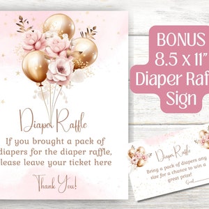 Peut inclure: Une affiche de tombola de couches rose et blanche avec un ticket assorti, orn&eacute;e de ballons dor&eacute;s, de fleurs rose p&acirc;le et d'&eacute;toiles dor&eacute;es. Le texte indique : Diaper Raffle, If you brought a pack of diapers for the diaper raffle, please leave your ticket here, Thank You!