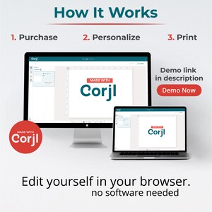 May include: A computer screen and laptop show a website with the text "Corjl" and the words "Made with Corjl". The text "How It Works" is at the top of the image. The text "Edit yourself in your browser. No software needed." is at the bottom of the image.