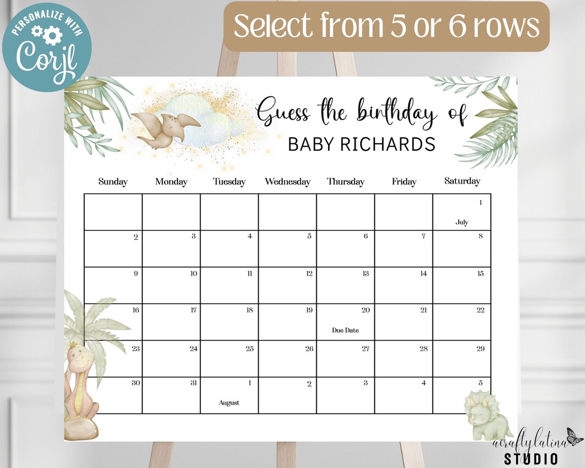 Baby Shower Calendar Due Date Baby Calendar Game Dinosaur - Etsy