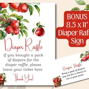 May include: Printable sign for a diaper raffle with a watercolor illustration of red apples on a branch. The sign says "Diaper Raffle" and "If you brought a pack of diapers for the diaper raffle, please leave your ticket here. Thank You!"
