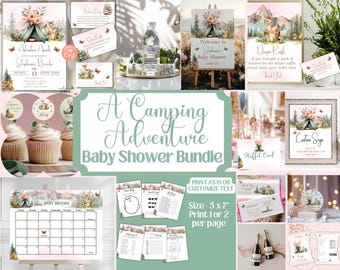 May include: A collection of baby shower stationery with a camping theme. Includes invitations, signs, cupcake toppers, and games. The design features a tent, flowers, butterflies, and a deer. The text reads "A Camping Adventure Baby Shower Bundle."