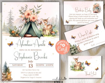 Wald Babyparty, lassen Sie das Abenteuer beginnen Camping Babyparty Einladung Bündel, Mädchen Babyparty, kleine Camper, Nationalpark