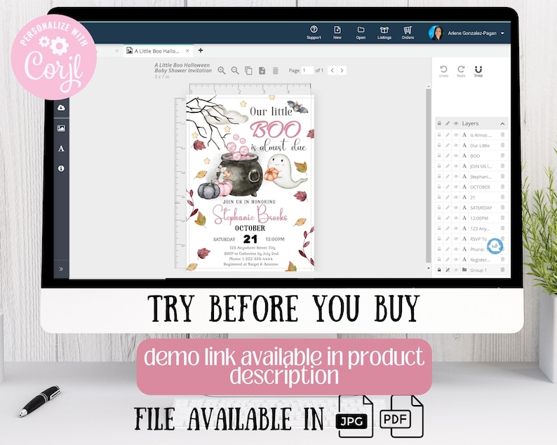 May include: A computer screen shows a Halloween baby shower invitation. The invitation includes a cauldron, ghost, and pumpkins with the text "Our little BOO is almost due." The invitation is 12.7 x 17.8 cm.