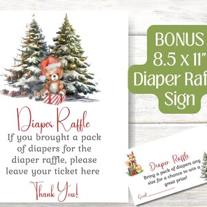 May include: A printable sign for a diaper raffle with a Christmas theme. The sign features a teddy bear wearing a Santa hat sitting in a gift box in front of two snow-covered Christmas trees. The text on the sign reads "Diaper Raffle. If you brought a pack of diapers for the diaper raffle, please leave your ticket here. Thank You!"
