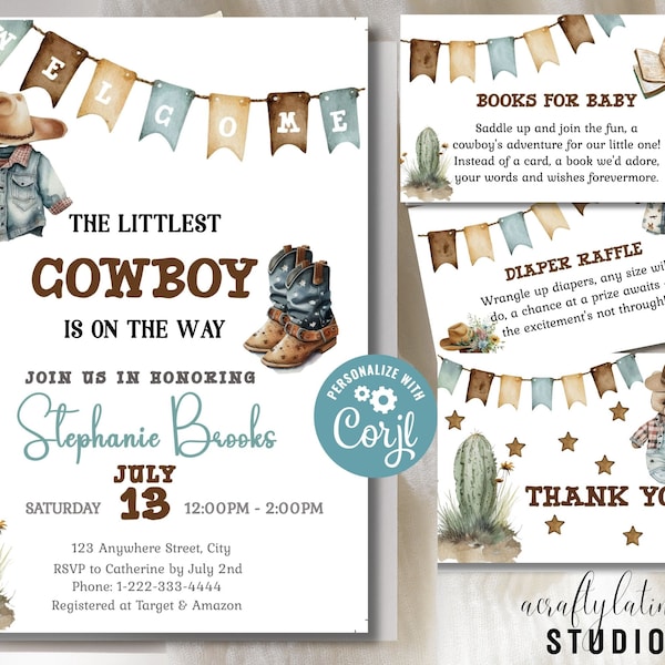 Cowboy baby shower invitation, Western Baby Shower, Wild West Boy Invite, A Little Cowboy, Printable template, Rodeo Baby Shower, Boy Baby