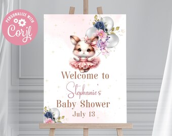 Könnte beinhalten: Ein rosa-weißes Willkommens-Schild für eine Babyparty mit einem Cartoon-Hasen, der Ballons hält. Das Schild lautet "Willkommen zu Stephanies Babyparty am 13. Juli".