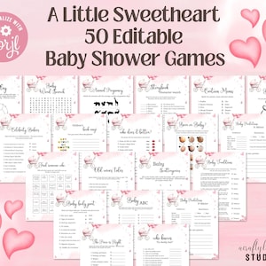 Pacchetto giochi per baby shower di San Valentino, il piccolo tesoro è in arrivo, giochi modificabili, attività per baby shower a forma di cuori, download immediato