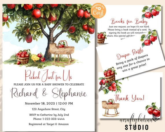 Apple Baby Shower Invitation Set, Fall Invite, Books for Baby, Diaper Raffle, Thank You Card, Editable Template