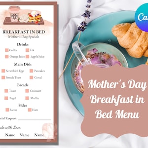 Moederdagmenu, ontbijt op bedmenu, menusjabloon
