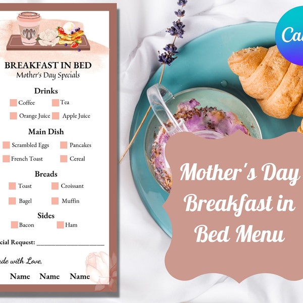 Mother’s Day Menu, Breakfast in Bed Menu, Menu Template