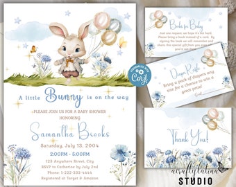 May include: A baby shower invitation with a watercolor illustration of a bunny holding balloons. The invitation is blue and white with gold stars and text that reads "A little Bunny is on the way". The invitation also includes the name "Samantha Brooks", the date "Saturday, July 13, 2004", and the time "2:00PM - 5:00PM".