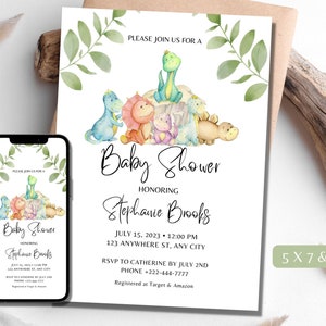 Dinosaur Baby Shower Invitation, Greenery Baby Shower, Dinosaur