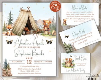 Adventure Awaits Baby Shower Invitation Set, Camping Theme, Fox and Bear, Books for Baby, Diaper Raffle