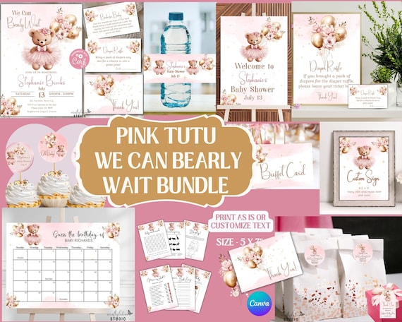 We Can Bearly Wait Girl Baby Shower Invite, Teddy Bear Baby Shower Invitation, Pink Teddy Shower Invite, Editable Bear Invitation, Balloons