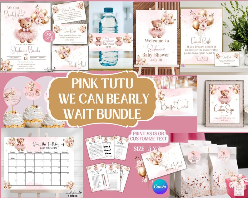We can bearly wait baby shower invitation with a cute brown bear in a pink tutu with a bow in their hair and holding gold balloons with pink floral accents