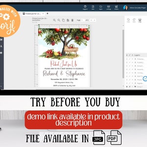 May include: A printable baby shower invitation with a watercolor illustration of an apple tree with red apples, a picnic basket, and a sign that says "Picked Just for Us". The invitation is for a baby shower for Richard and Stephanie on November 18, 2023 at 12:00 PM. The invitation is available in JPG and PDF formats.