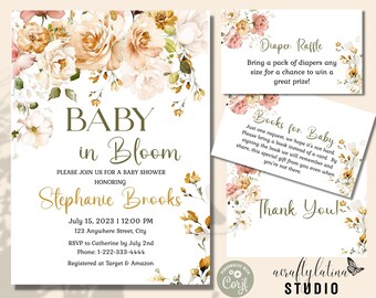 Baby in bloei babyshower uitnodigingsbundel, bloemen babyshower, digitale uitnodiging, babyshower meisje, uitnodiging Wildflower baby in bloei