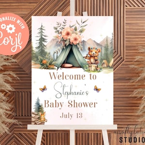 Camping Baby Shower Welcome Sign Template, Girl Welcome Sign, Boho Baby Shower, Adventure Awaits, Large Welcome Sign, Woodland Baby Shower,