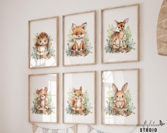 May include: Set of six watercolor prints featuring woodland animals, including a fox, deer, hedgehog, bear, squirrel, and rabbit. Each animal is depicted in a whimsical style with a colorful background.