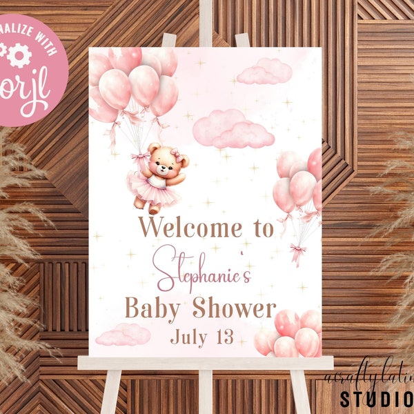 Editable We Can Bearly Wait Baby Shower Welcome Sign, Teddy Bear Balloon Baby Shower Poster, Girl Bear Baby Shower Decor, Large Welcome Sign