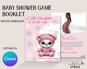 Pode incluir: Convite de chá de bebê rosa e branco com um urso de pelúcia de desenho animado vestindo um chapéu e um casaco rosa. O texto diz "A Little Snowflake is on her way" e "Stephanie's Baby Shower December 28, 2024".