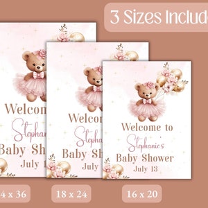 Teddy Bear Baby Shower Welcome Sign, Pink and Gold Balloons, Editable Template (Corjl image 3