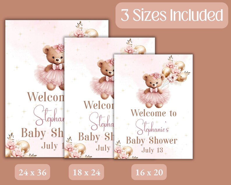 Teddy Bear Baby Shower Welcome Sign, Pink and Gold Balloons, Editable Template (Corjl image 3