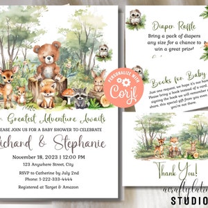 Woodland Baby Shower Invitation Bundle, Forest Animals Baby Shower Package, Greenery Baby Shower Invitation, Woodland Animals Editable Games