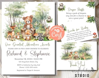 Woodland Animals Baby Shower Invitation Set, Forest Theme, Diaper Raffle & Books, Editable Template