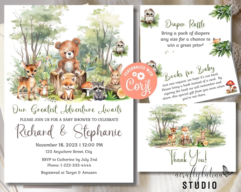 May include: A woodland-themed baby shower invitation featuring a watercolour illustration of a bear, deer, fox, raccoon, and owl. The invitation includes the text "Our Greatest Adventure Awaits" and the names "Richard & Stephanie".