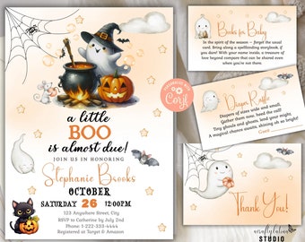 May include: A Halloween baby shower invitation with a cute ghost wearing a witch hat and holding a cauldron. The invitation says "a little BOO is almost due!" and includes the date and time of the party. The invitation also includes the name of the baby's parents, Stephanie Brooks, and the RSVP information.