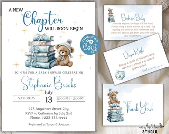 Teddy Bear Baby Shower Invitation Set, Books for Baby, Diaper Raffle, Thank You Cards