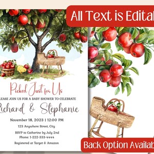 May include: A baby shower invitation with a watercolor illustration of an apple tree and a rocking cradle. The text reads "Picked Just for Us" and "Richard & Stephanie". The invitation includes the date, time, location, RSVP information, and registry details.